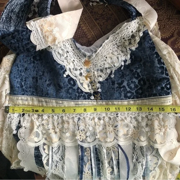 Bohemian Blue Animal Print Cross body Bag w/white lace,ribbon & blue aventurine